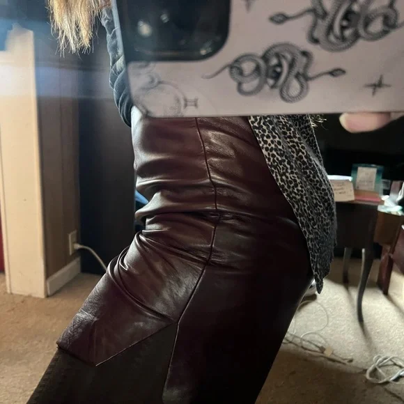 CACHE Oxblood Burgundy Leather Asymmetric Midi Slit Skirt 90s Deadstock - Picture 3 of 13